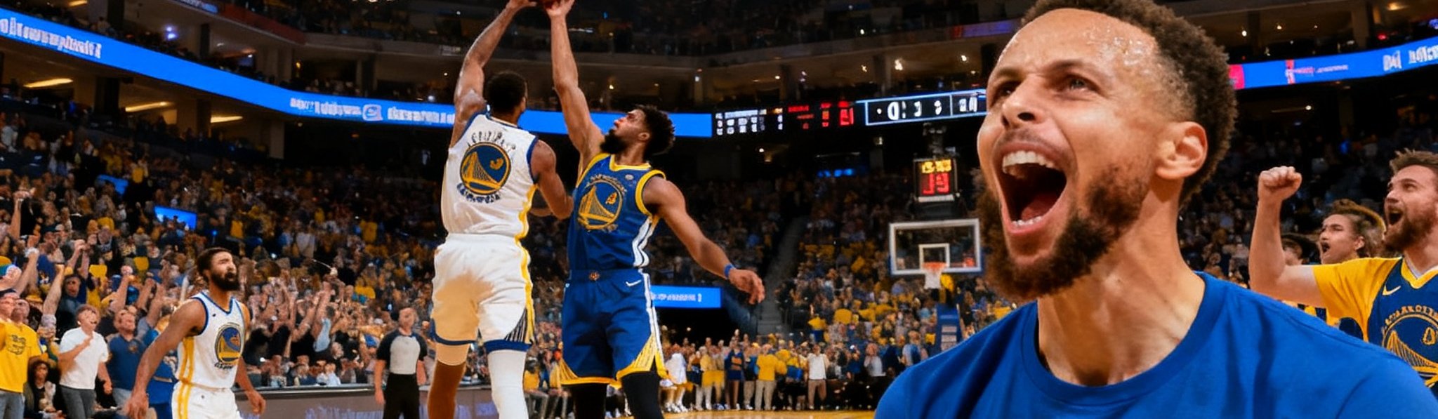 NBA季后赛关键对决，球馆内灯光璀璨，球员在场上激烈对抗，场边球迷身穿着主队配色T恤呐喊助威，比分扳上显示第四节最后两分钟